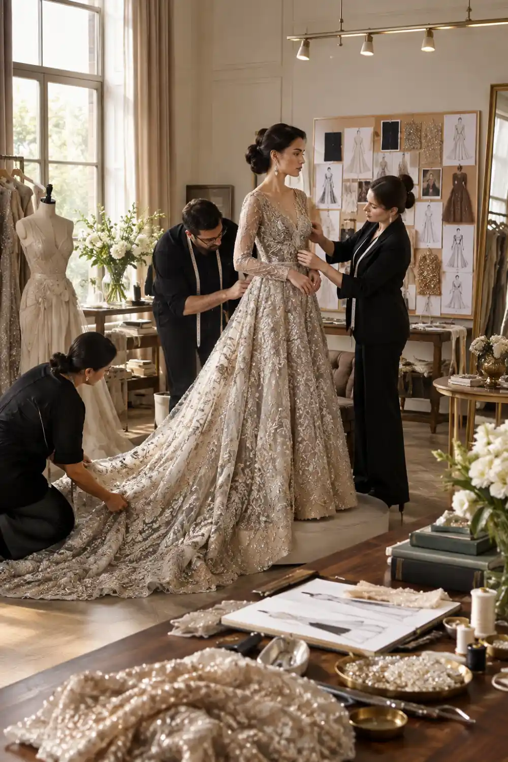 What is the Met Gala? A Guide to Fashion's Biggest Night 3 Fashion designers adjusting an elegant champagne couture gown during a fitting in a luxury fashion atelier.
