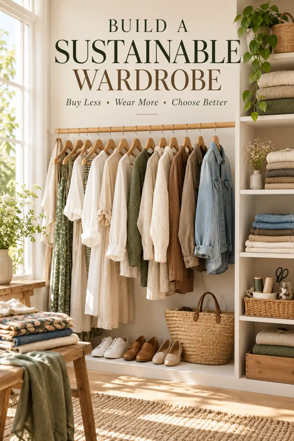 What Is Sustainable Fashion? A Practical Guide to Building a Better Wardrobe 3 Organised sustainable capsule wardrobe with neutral clothing, folded knitwear, denim, simple shoes, woven bag and garment repair essentials.