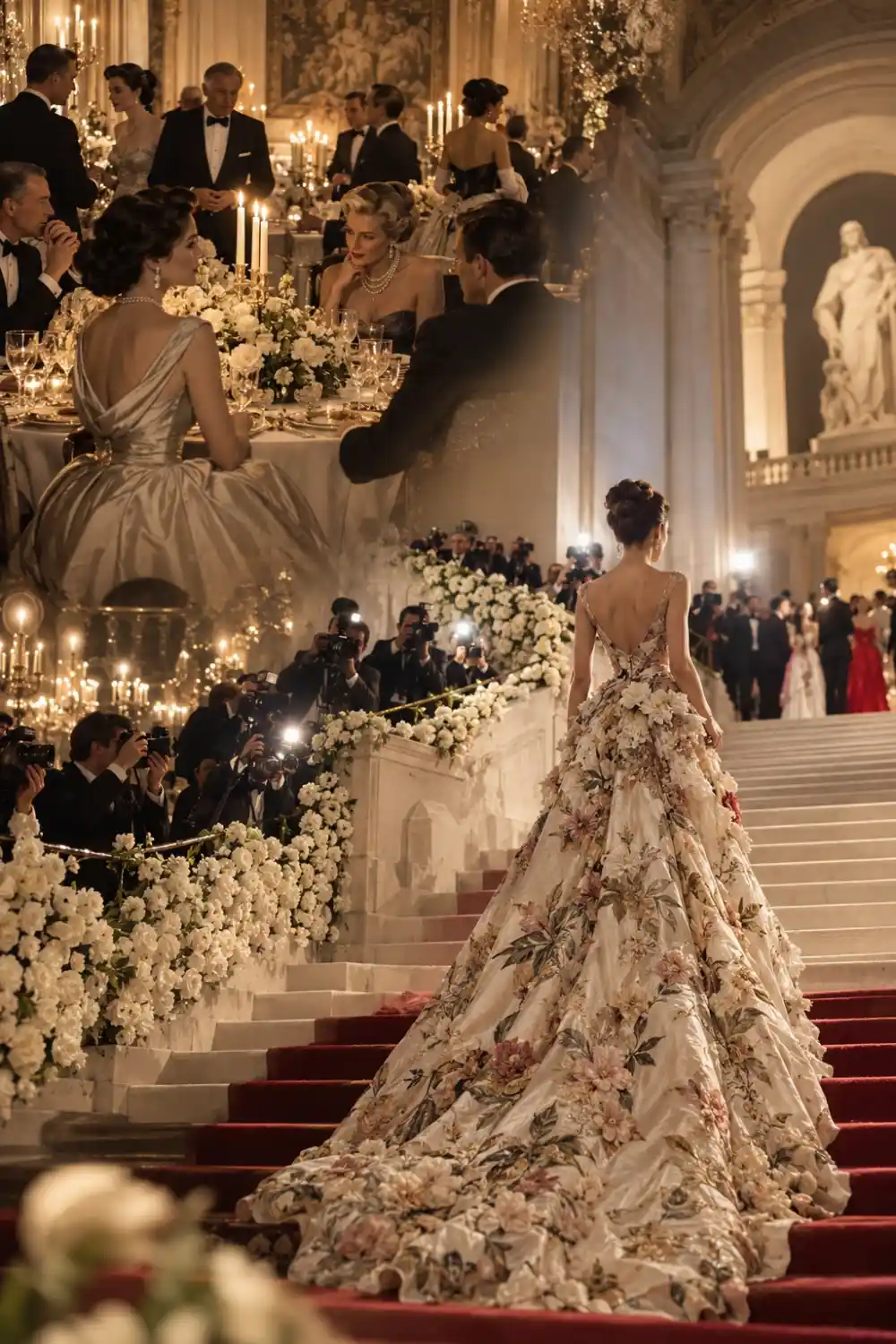 What is the Met Gala? A Guide to Fashion's Biggest Night 1 Vintage high-society dinner transitioning into a modern New York fashion gala with couture gown, photographers, and grand museum staircase.