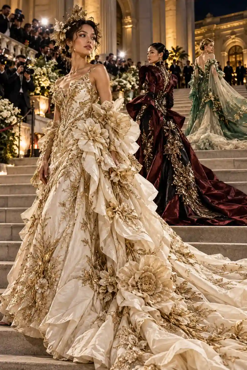 What is the Met Gala? A Guide to Fashion's Biggest Night 2 Three couture fashion models on a grand museum staircase wearing artistic Met Gala–inspired gowns with floral, architectural, and ethereal design details.
