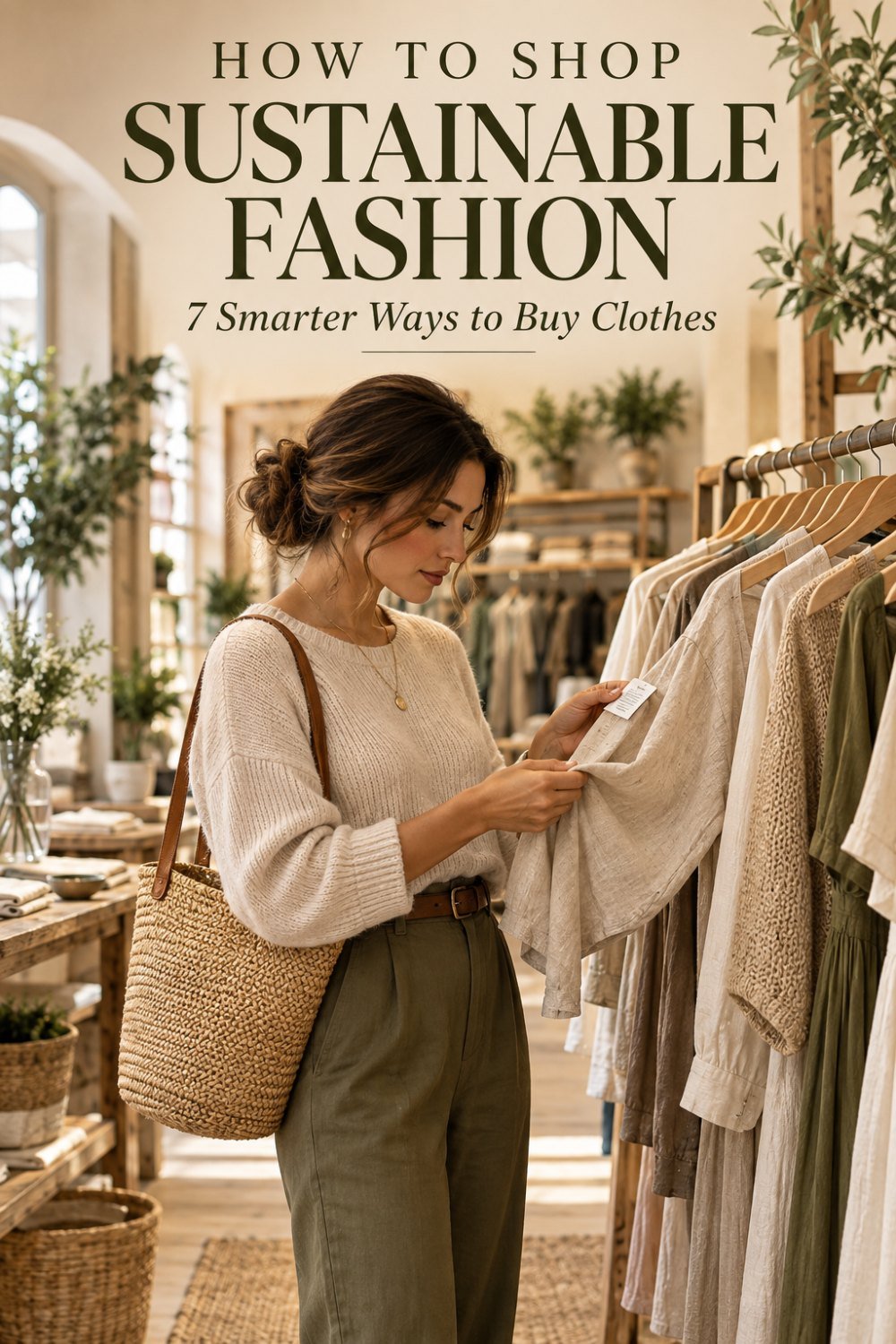What Is Sustainable Fashion? A Practical Guide to Building a Better Wardrobe 2 Stylish woman checking a garment’s fabric and care label while shopping for sustainable fashion in a modern boutique with neutral clothing and natural materials.
