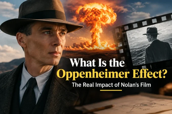 Oppenheimer Effect_ The Real Impact of Nolan’s Film Cinematic portrait of J. Robert Oppenheimer with a nuclear explosion and film imagery illustrating the cultural impact of Nolan’s Oppenheimer movie.