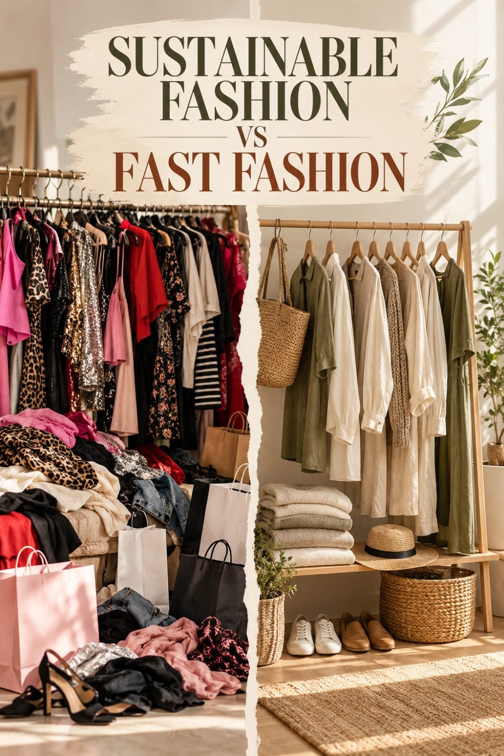 What Is Sustainable Fashion? A Practical Guide to Building a Better Wardrobe 1 Split comparison of fast fashion with overcrowded clothing and shopping bags versus a sustainable capsule wardrobe with neutral, timeless garments.