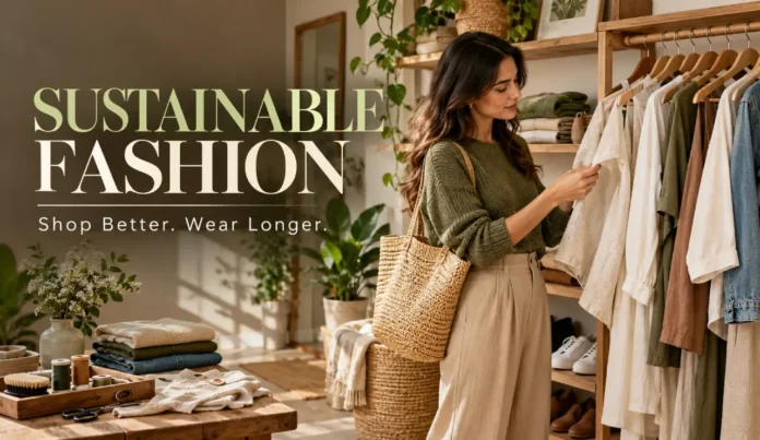 Sustainable Fashion_ Shop Better, Wear Longer Woman choosing timeless neutral clothing in a curated sustainable wardrobe with linen garments, knitwear, wooden hangers, woven accessories, and natural textures.