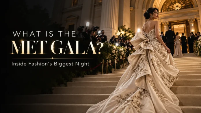 What Is the Met Gala – Fashion’s Biggest Night Fashion designers adjusting an elegant champagne couture gown during a fitting in a luxury fashion atelier.