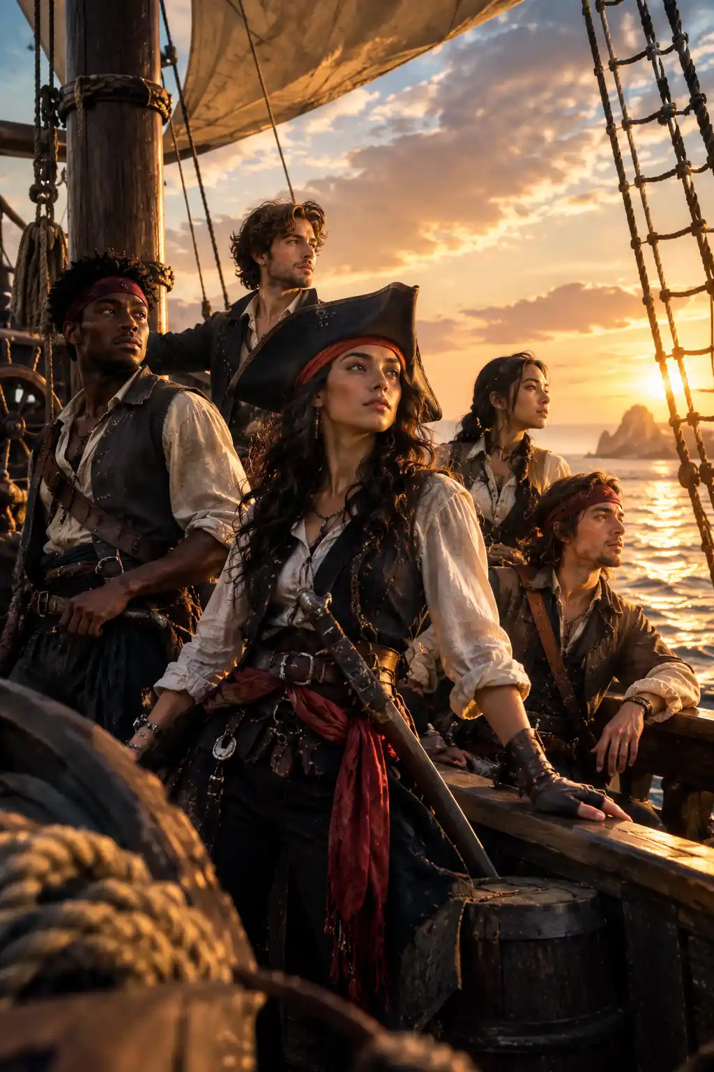 Straw Hat pirate crew standing together on ship deck in live-action style