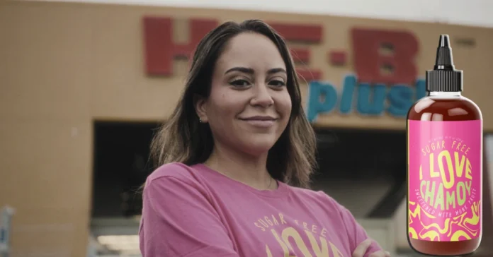 Annie Leal, founder of I Love Chamoy with her sugar-free chamoy sauce product at H-E-B store. Her company's net worth reached $6.6 million in 2025.