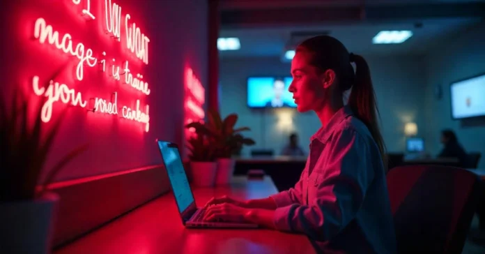 This compelling photograph captures a focused professional woman working late in a contemporary office environment.