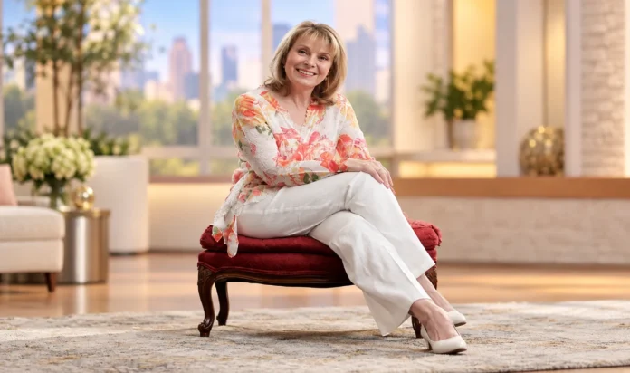 Jenny Jones seated in a television studio portrait