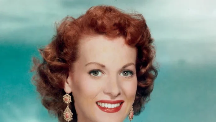 showcasing Maureen O'Hara Net Worth with a classic portrait and visual elements highlighting her financial legacy.