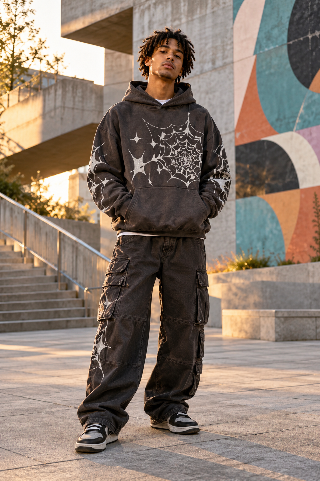 Young fashion model wearing an oversized charcoal web-print hoodie with cargo pants in an urban setting