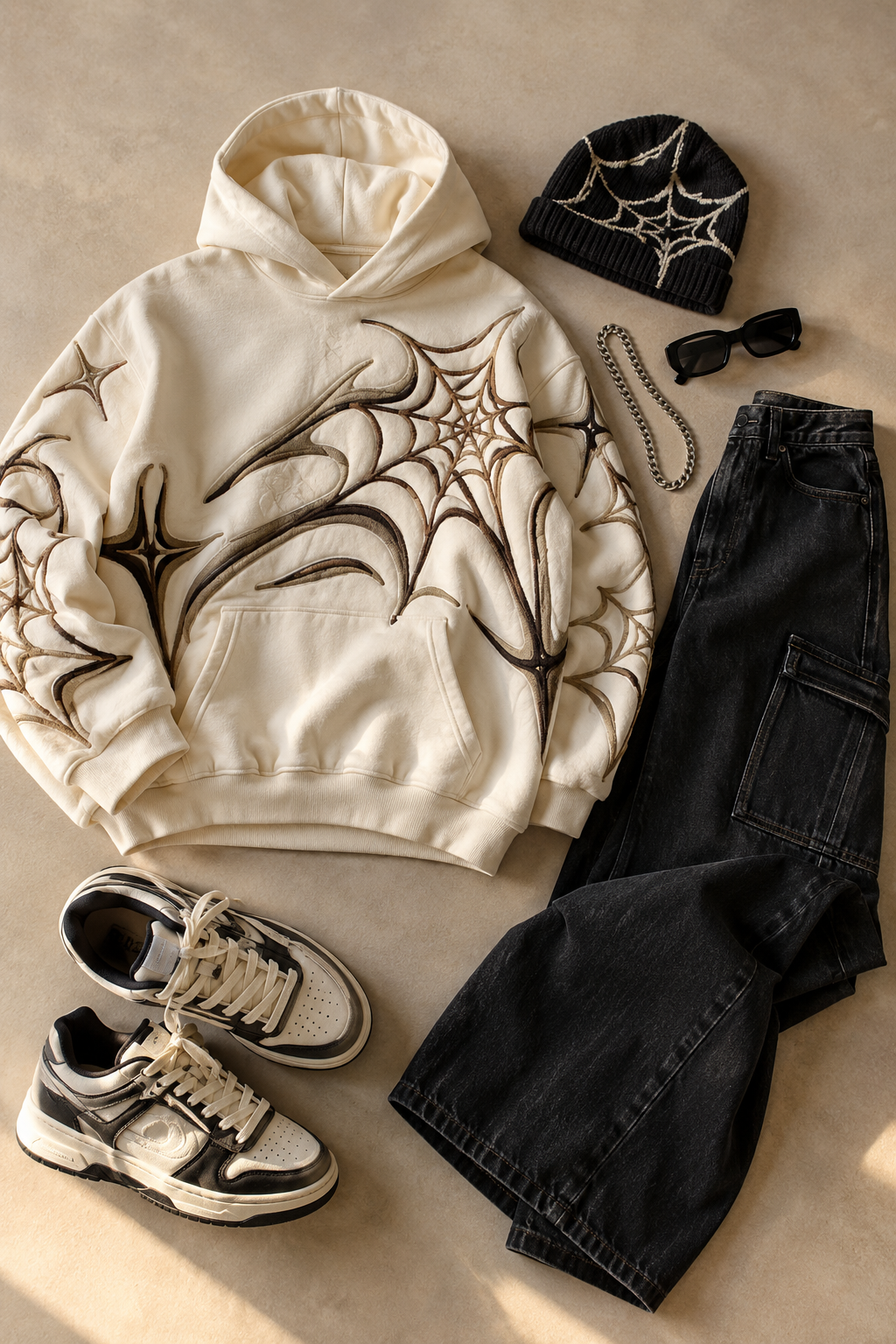 Cream web-print hoodie styled with black cargo jeans, sneakers, beanie and silver accessories
