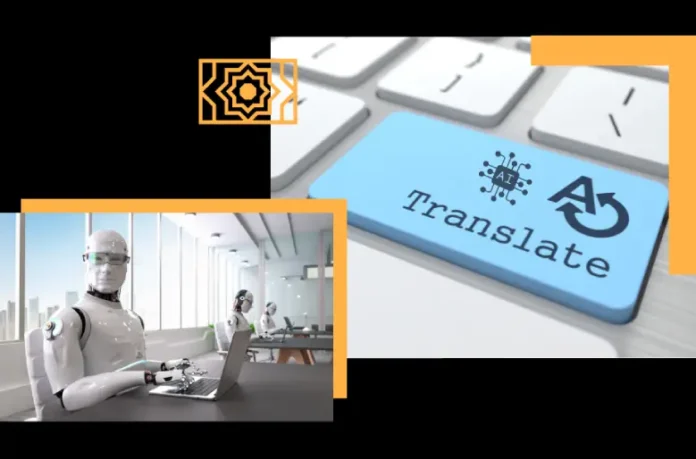 AI-powered transcription and subtitling automation with robotic assistants at computer workstations and translate interface button