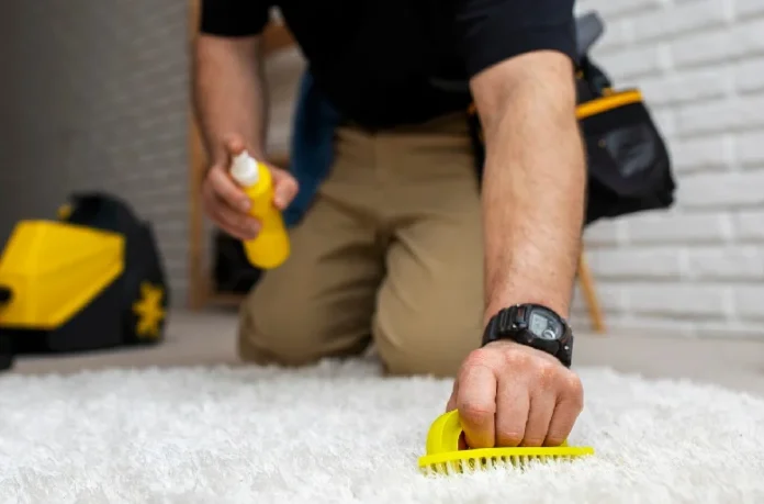 Person using a yellow brush and spray bottle to clean an area rug, with cleaning tools in the background.