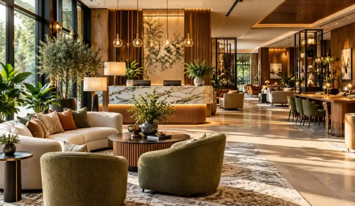 Elegant modern hotel lobby with warm wood finishes, cream and olive seating, indoor greenery, reception desk, and layered ambient lighting.