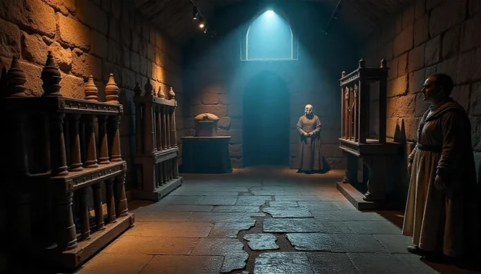 A dimly lit room inside the Medieval Torture Museum, featuring stone walls, eerie lighting, and life-like figures in historical robes.