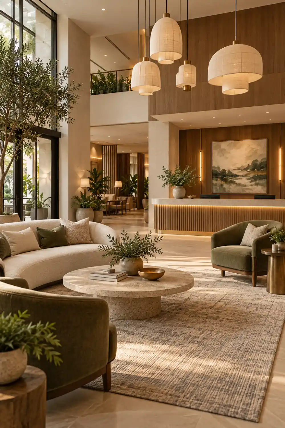 Sophisticated modern boutique hotel lobby with warm wood, cream and olive seating, indoor greenery, pendant lighting, and a stylish reception area.