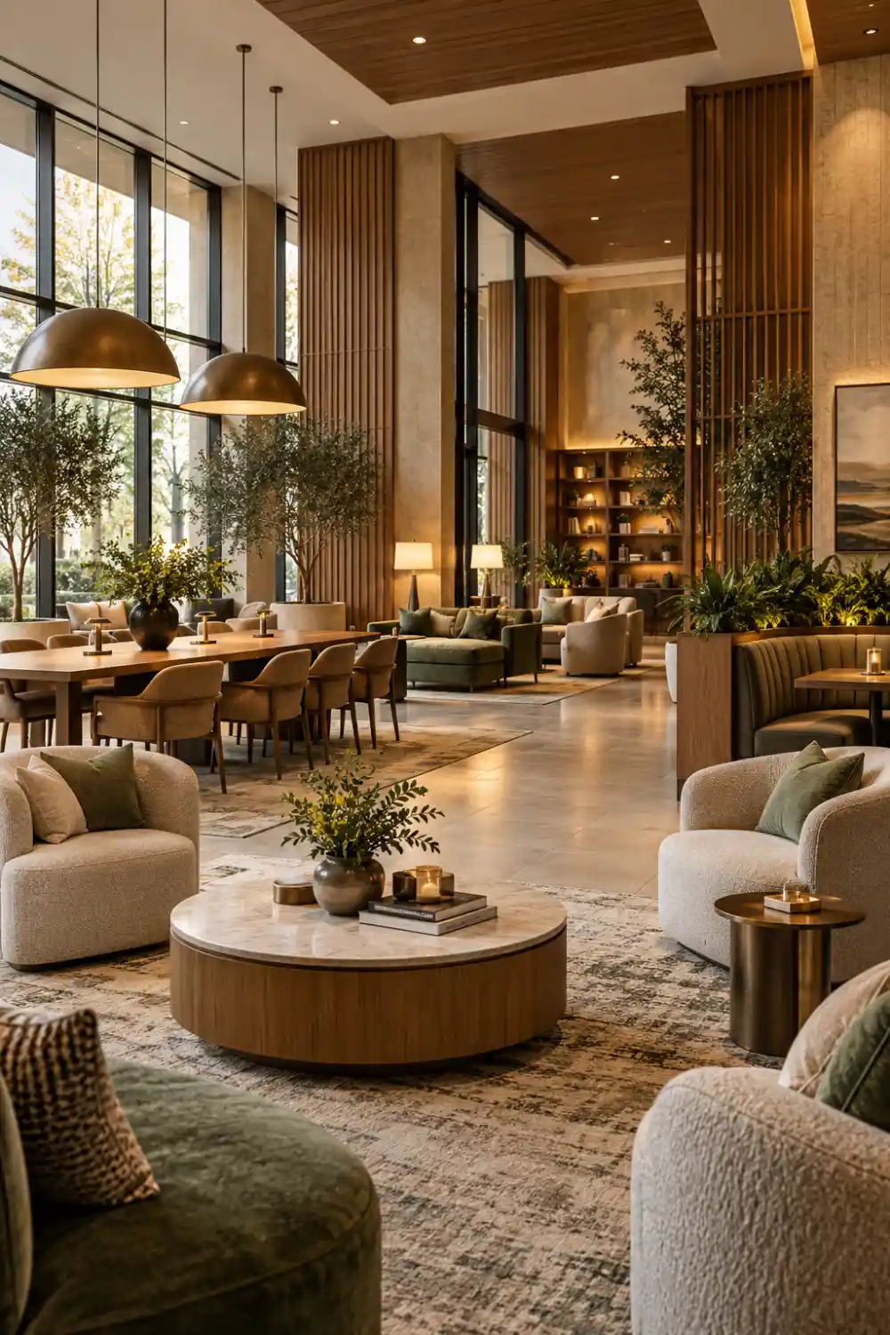 Modern hotel lobby with lounge seating, communal work table, booth seating, indoor plants, warm wood accents, and flexible guest zones.