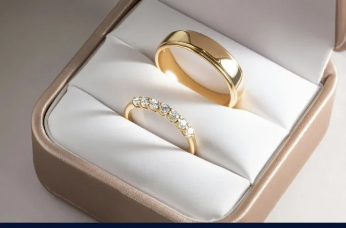 Simple and elaborate wedding rings displayed in a jewelry box, featuring a plain gold band and a diamond-studded ring.