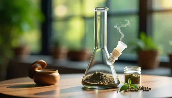 Glass bong filled with ground herbs, emitting smoke, with a grinder and herb jar on a table, demonstrating how to pack a bong.