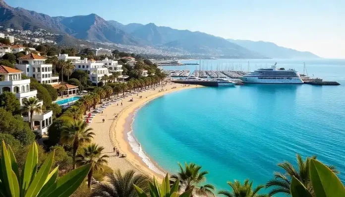 Luxury vacation in Marbella with golden beaches, palm trees, luxury villas, yachts at Puerto Banús marina, and scenic mountains.