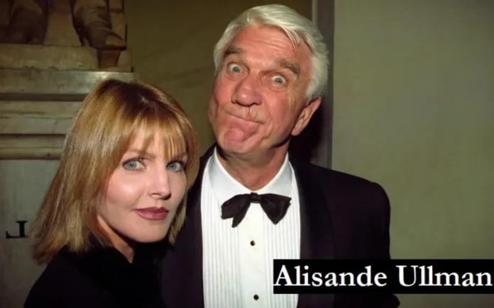 Alisande Ullman, ex-wife of Leslie Nielsen, standing elegantly on a vintage Hollywood red carpet, symbolizing her behind-the-scenes role in shaping a comedy legend's career.