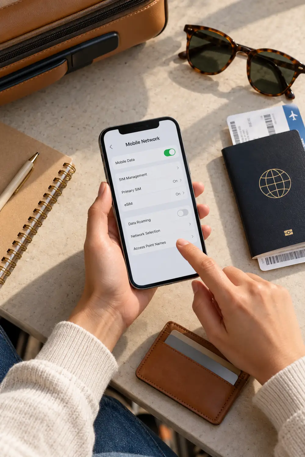 Traveler checking eSIM compatibility and mobile network settings on a smartphone beside a passport, boarding pass, notebook, sunglasses, and travel wallet.