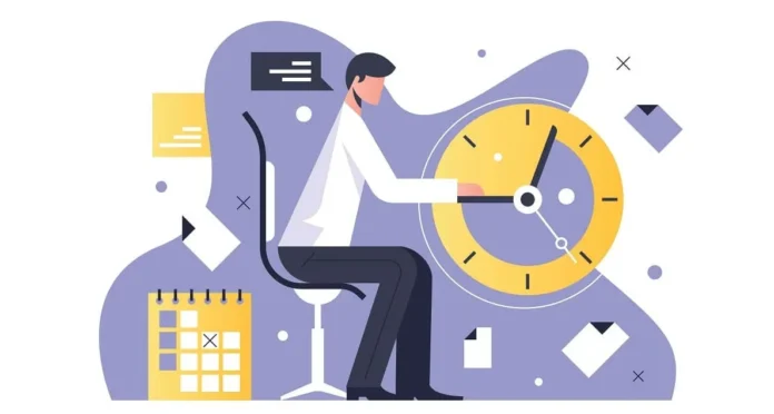 Illustration of an employee managing attendance and leave in the UK with a clock and calendar in the background.