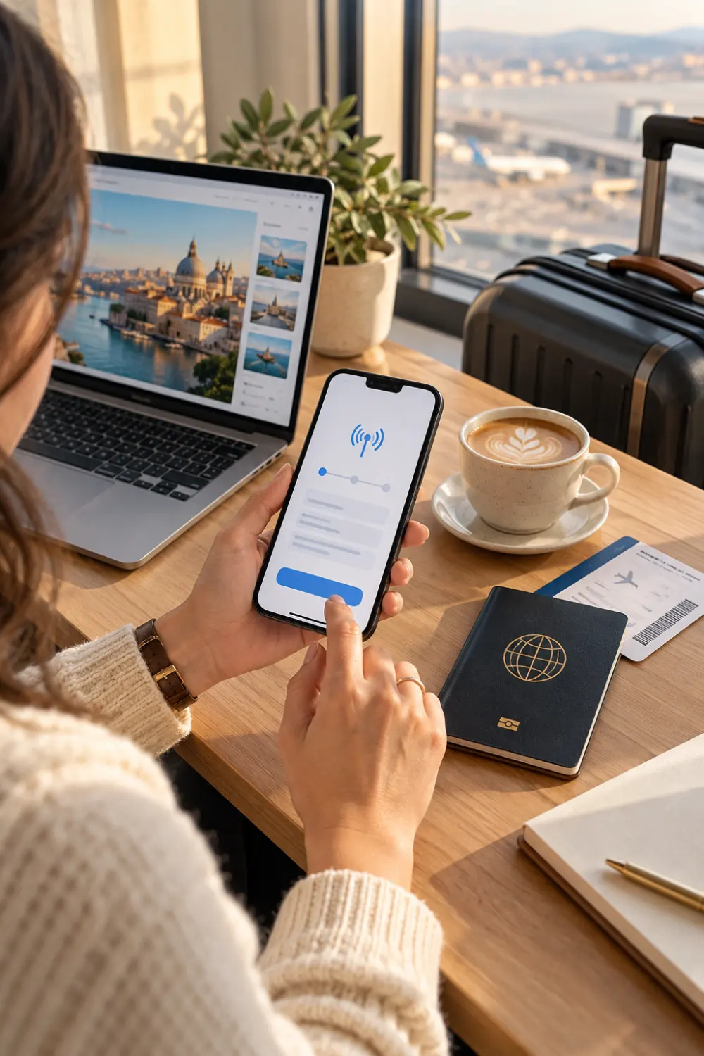 Traveler setting up an eSIM on a smartphone before an international trip, with a passport, boarding pass, laptop, coffee, and carry-on luggage nearby.
