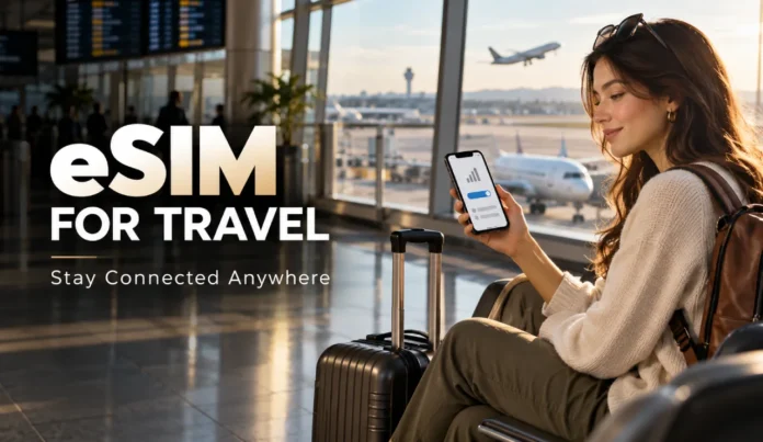 Traveler using an eSIM on a smartphone at an international airport with carry-on luggage and airplanes in the background.