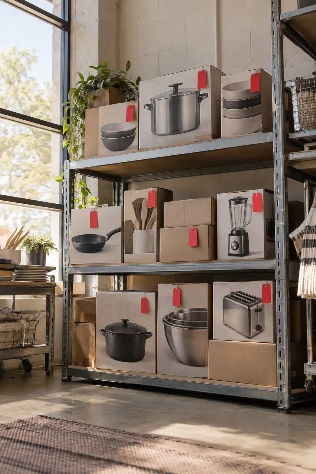 Kitchen Warehouse Alexandria: Your One-Stop Shop for Affordable Kitchen Essentials 2 Red clearance tags displayed on stacked kitchen product boxes in a naturally lit retail warehouse corner