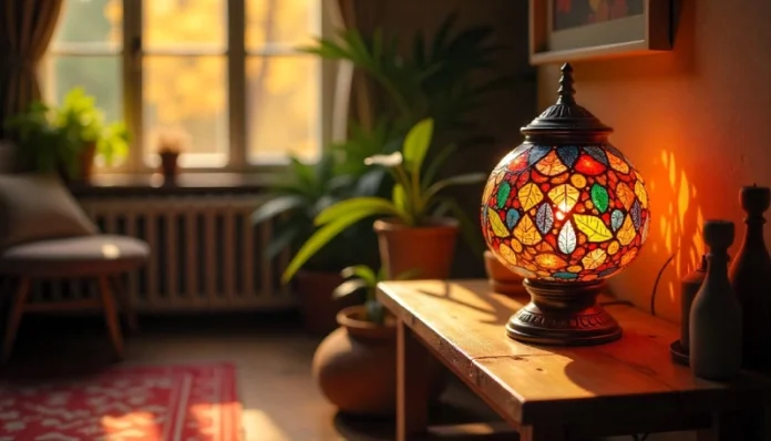 Elegant beige ceramic table lamp with a fabric shade on a white glass-top table, complementing a cozy and modern home decor setting.
