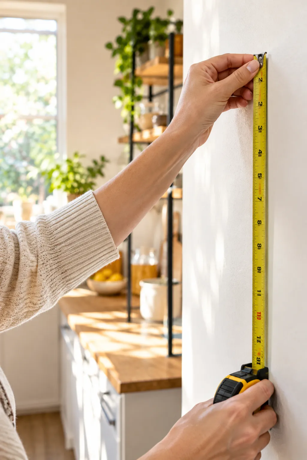 Kitchen Warehouse Alexandria: Your One-Stop Shop for Affordable Kitchen Essentials 4 Close-up of a person's hand holding a measuring tape against an empty kitchen wall in a bright, sunlit home, with a blurred shelving unit in the background, preparing for shelf installation.