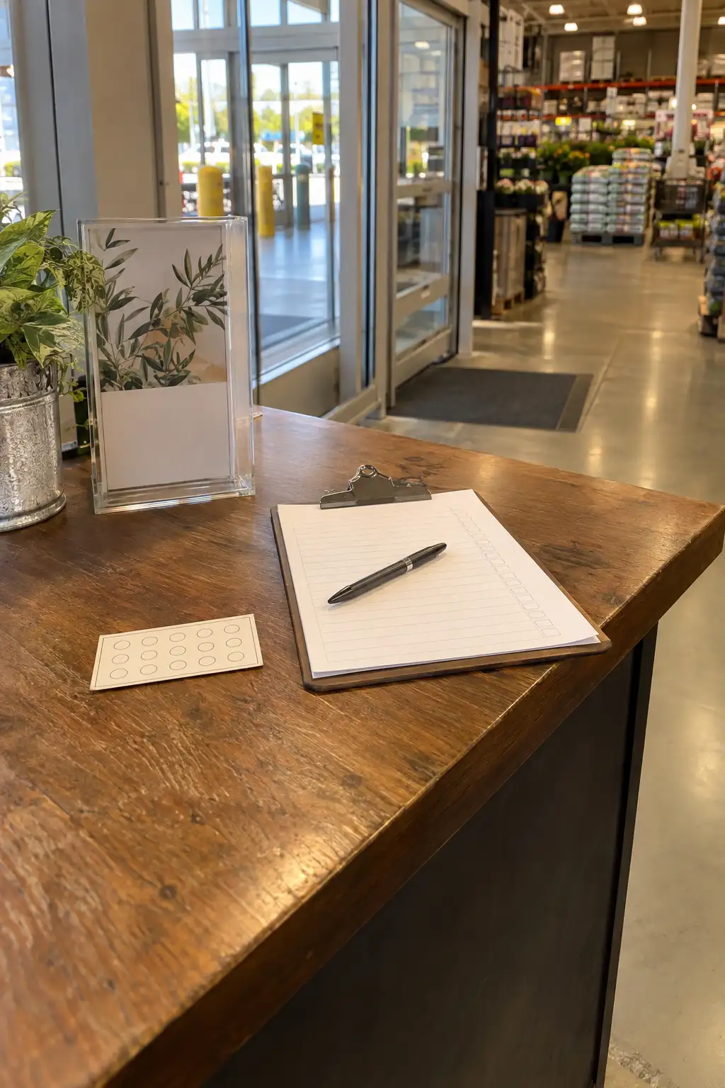 Kitchen Warehouse Alexandria: Your One-Stop Shop for Affordable Kitchen Essentials 6 Retail store loyalty counter with a blank signup sheet, pen, and small punch card near the warehouse entrance.