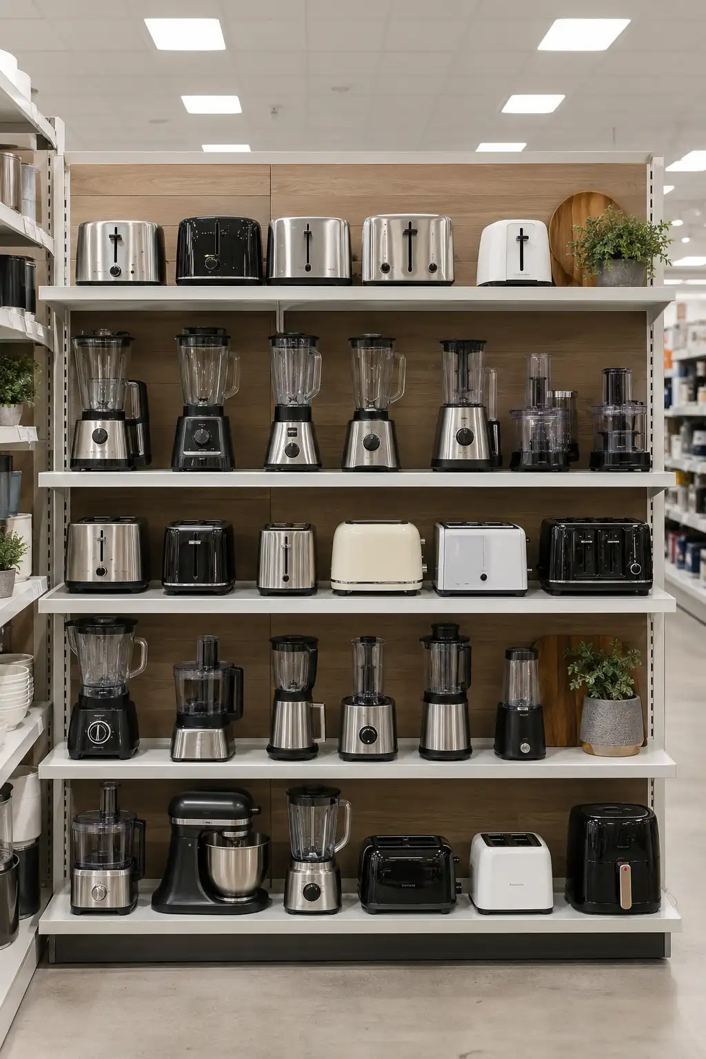 Kitchen Warehouse Alexandria: Your One-Stop Shop for Affordable Kitchen Essentials 3 Neatly organized retail wall displaying small kitchen appliances, including toasters, blenders, food processors, and a stand mixer.