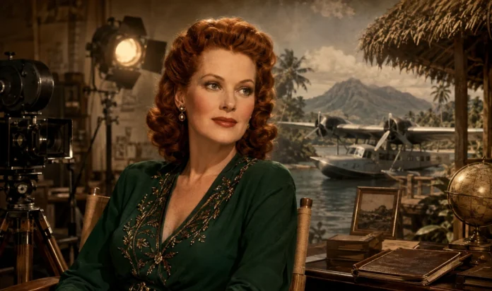 Maureen O’Hara-inspired classic Hollywood actress beside a film camera and Caribbean seaplane