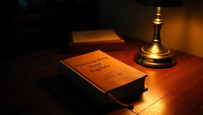 A book titled Understanding Your Rights on a wooden desk beside a glowing lamp, representing legal knowledge and defense law guidance.