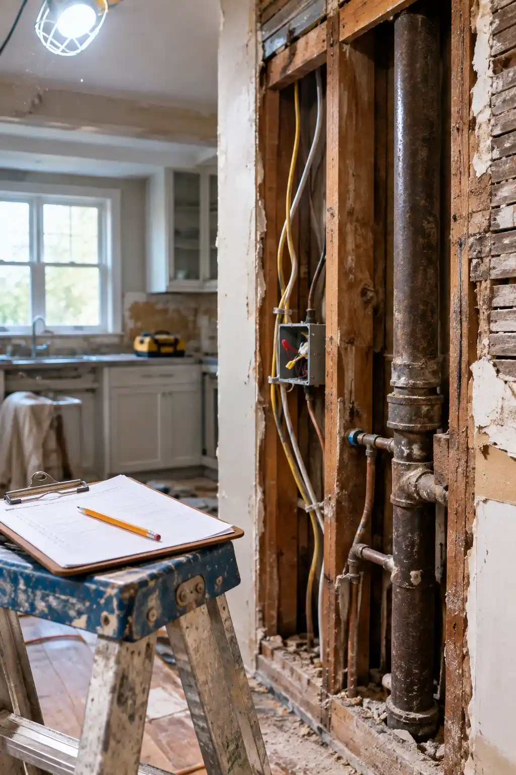 Open kitchen wall during renovation exposing old electrical wiring and aged plumbing pipes, with a contractor's clipboard and pencil on a ladder under cool work lighting in an older home.