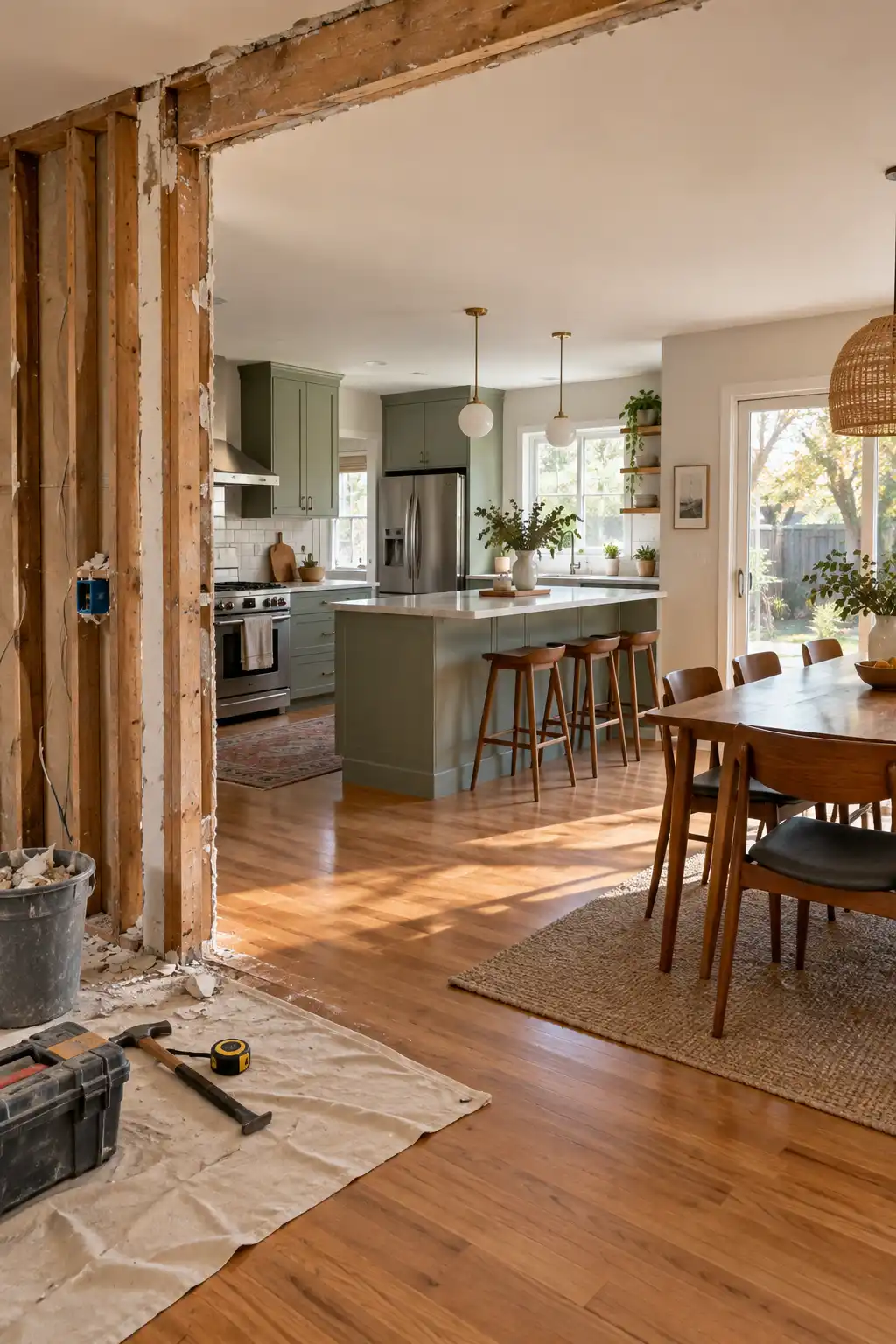 Mid-sized kitchen renovation showing a removed half wall, exposed studs, open dining space, and renovation tools.