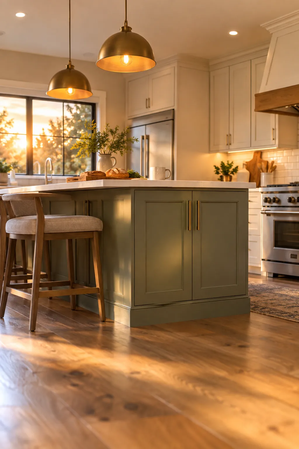 Low-angle view of a newly renovated modern family kitchen featuring custom cabinetry, warm pendant lights above a central island, golden hour sunlight, and natural wood flooring in soft focus.