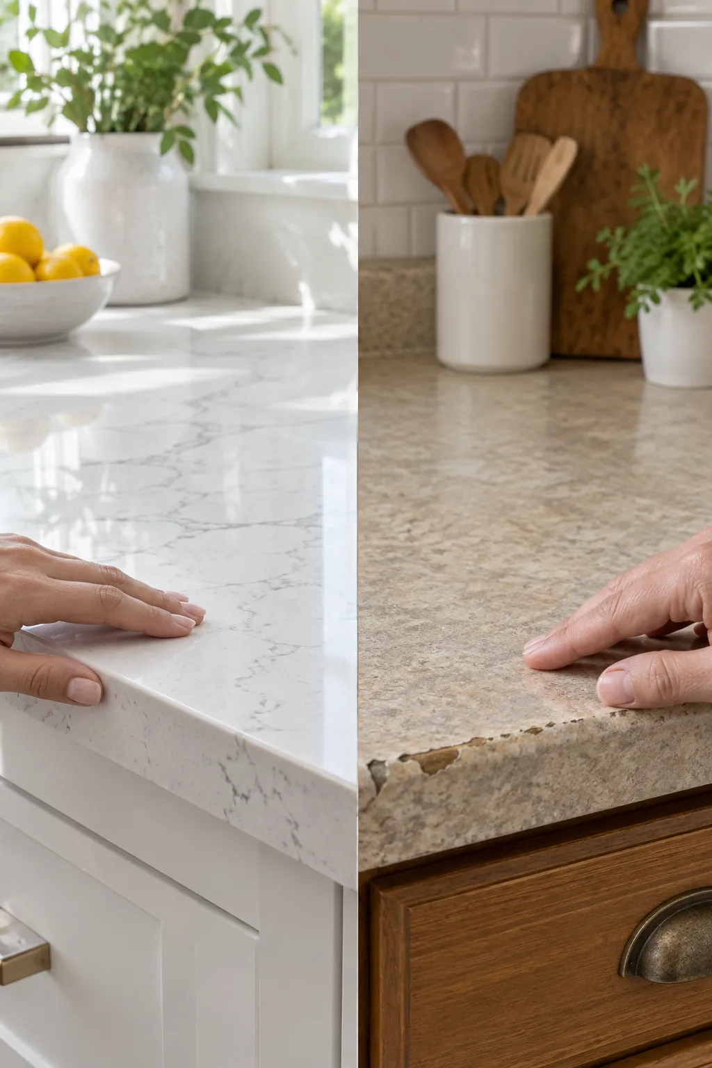 Close-up comparison of a smooth quartz countertop edge and a worn chipped laminate countertop edge in a bright kitchen.