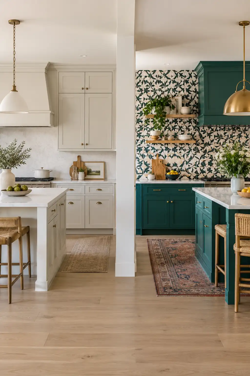 Side-by-side kitchen comparison showing neutral shaker cabinets on one side and bold patterned tile with colorful cabinets on the other.