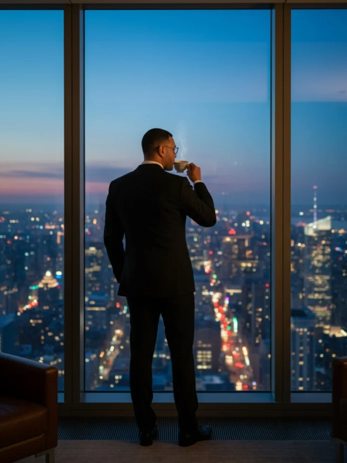 A calm financial workspace with charts, soft lighting, and a balanced modern design.