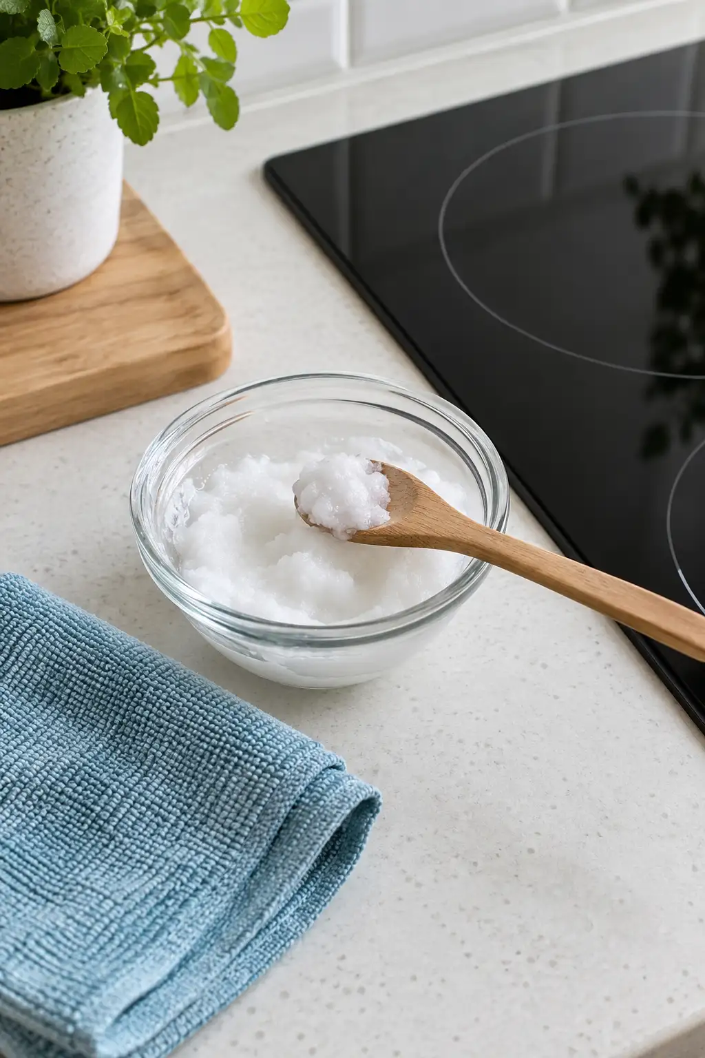Glass bowl of white baking soda paste with a wooden spoon beside a black glass cooktop and folded blue microfiber cloth.