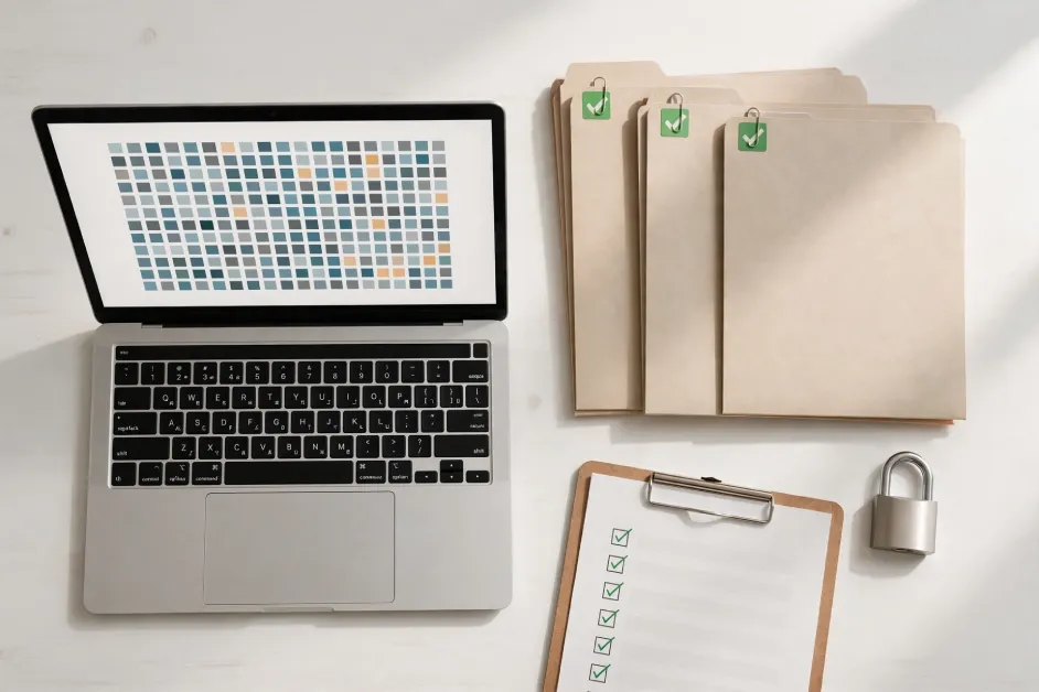 End-to-End AI Adoption Strategy: From Data Preparation to Operational Success 1 White desk par laptop par training dataset grid, verified folders, compliance checklist clipboard aur security lock