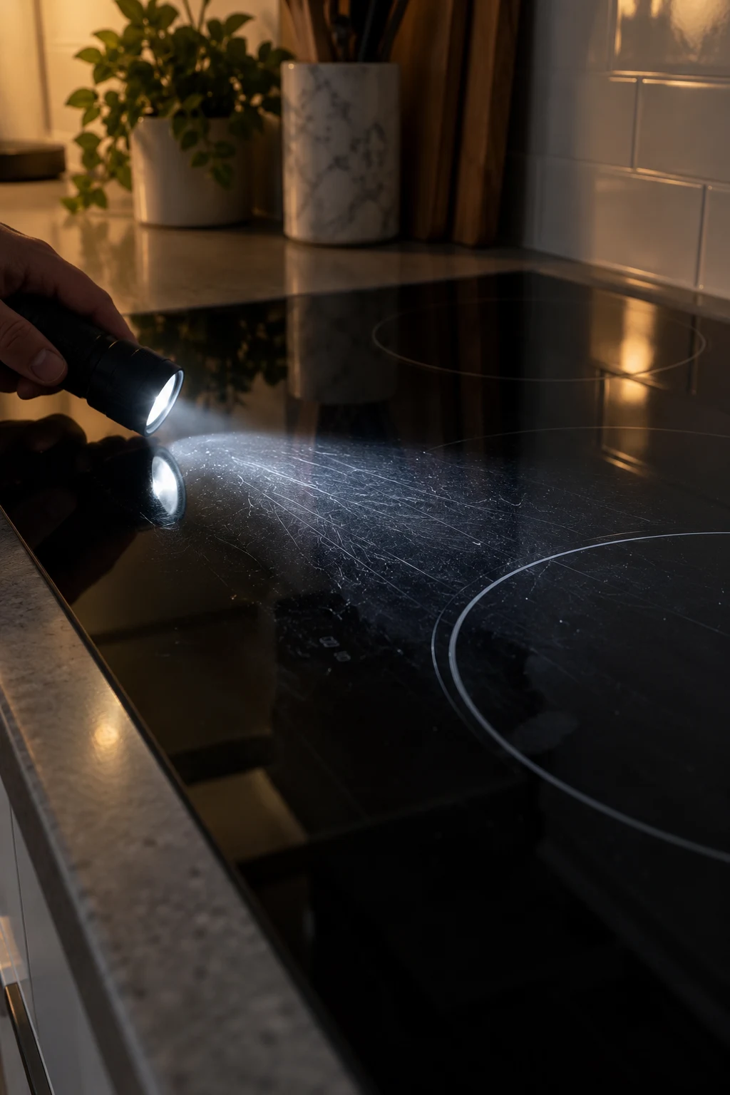 Flashlight shining across a black glass cooktop to reveal faint scratches and surface haze.