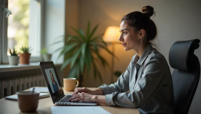 A person attending an online therapy session from home using a laptop, showing how busy professionals, parents, and students can access mental health support remotely.