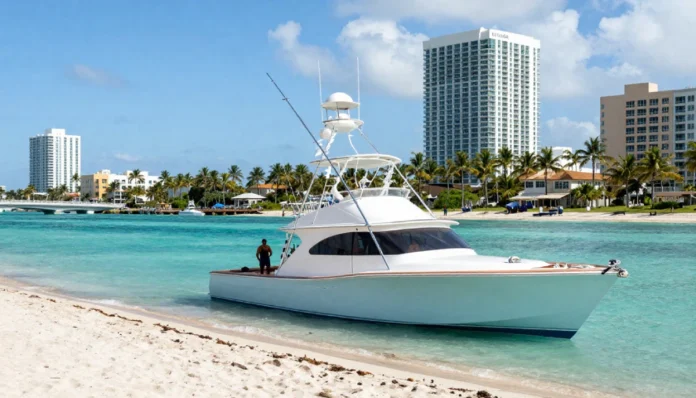UK to Miami Vacation Activities Miami Beach coastline with clear blue water, palm trees, and a deep sea fishing boat offshore on a sunny day, popular holiday destination for UK travellers visiting South Florida