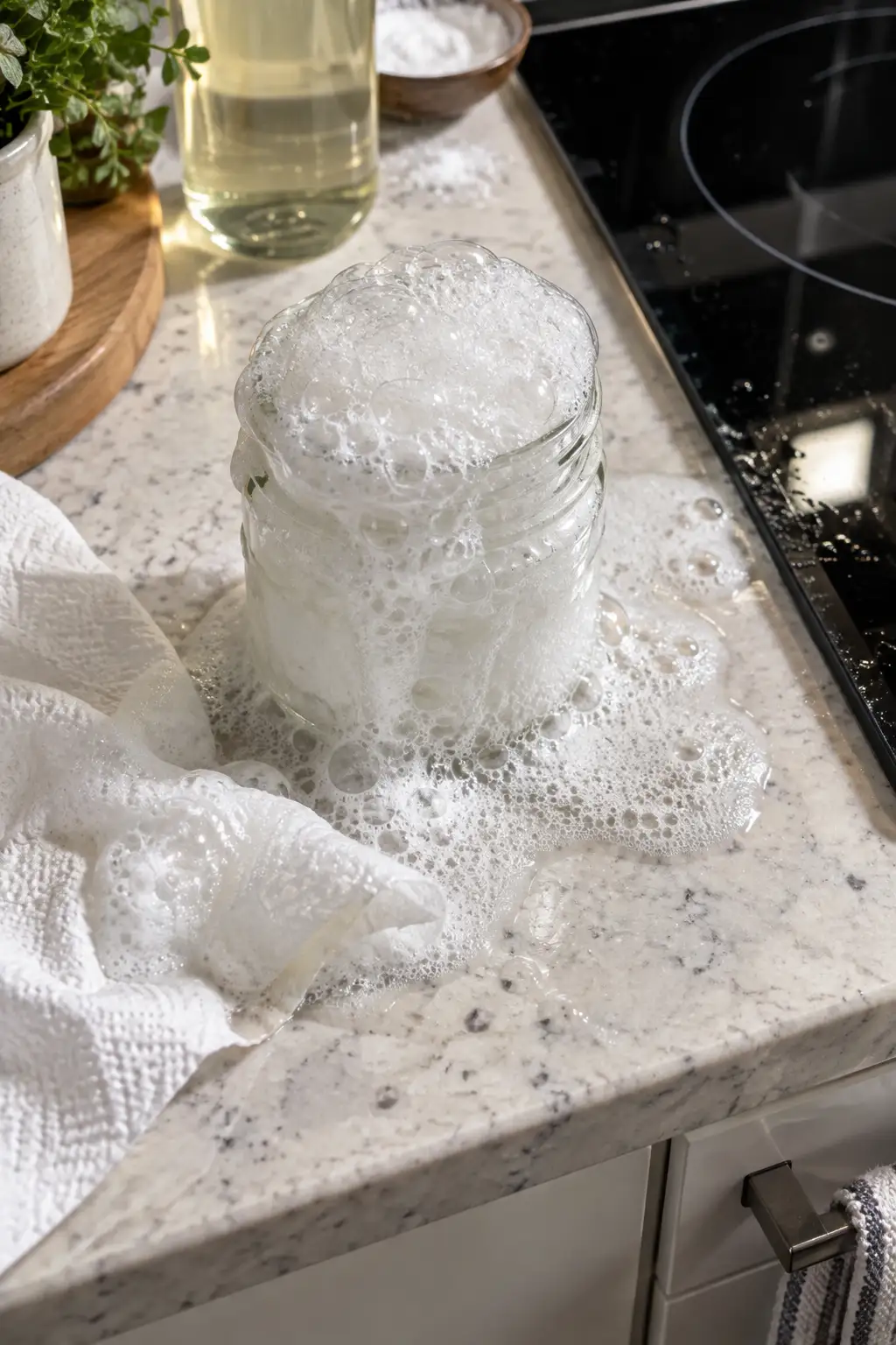 Fizzing vinegar and baking soda mixture overflowing from a glass jar onto a kitchen counter beside a cooktop.