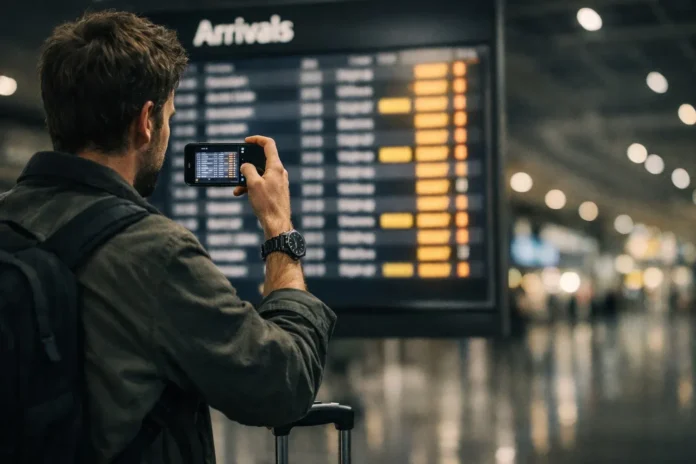 Traveler checking arrival time on airport board after a long flight delay